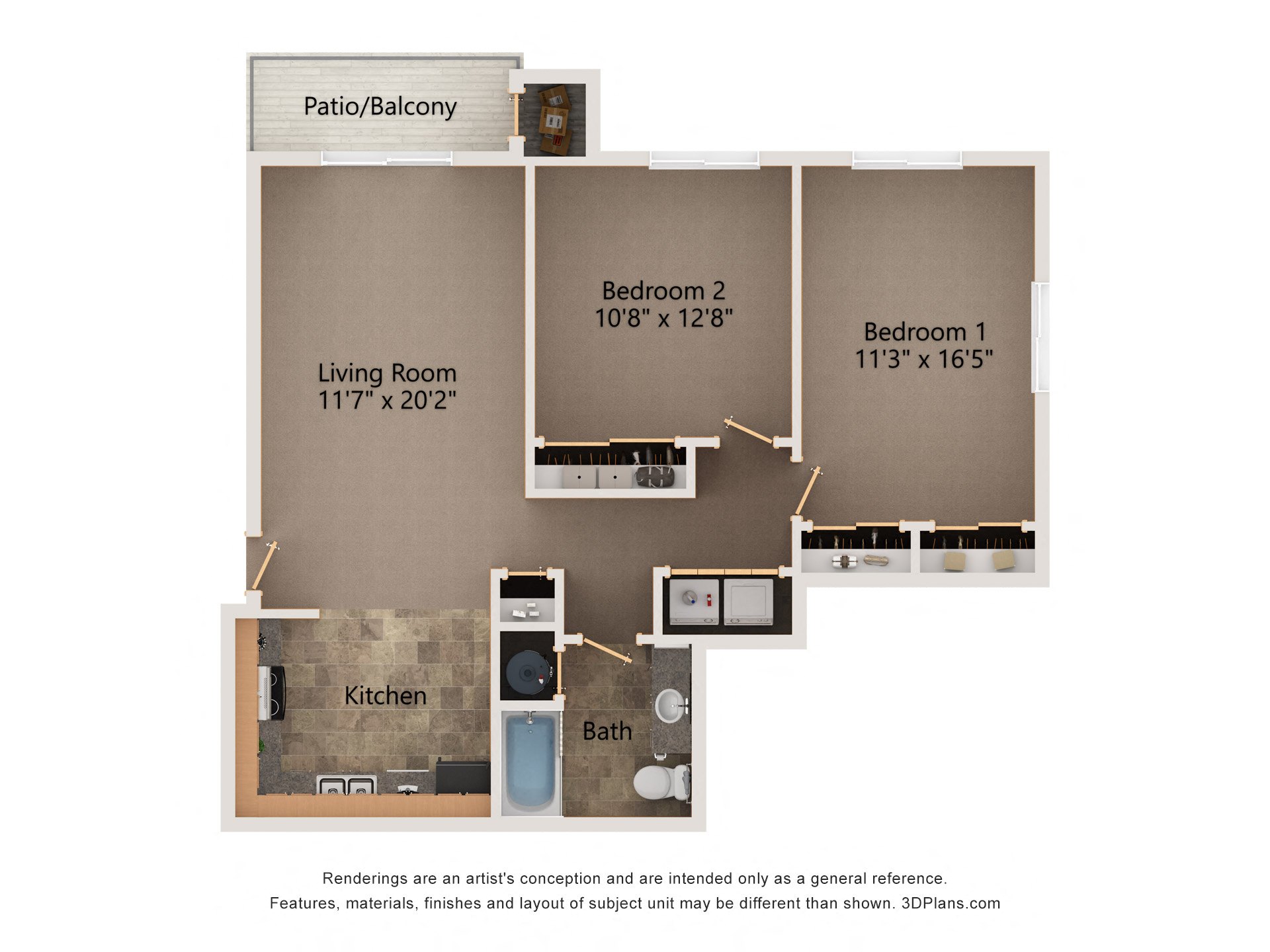 Floor plan for 2 beds, 1 bath, 996 sqft